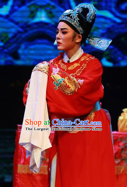 Chinese Yue Opera Scholar The Wrong Red Silk Apparels Shaoxing Opera Xiao Sheng Costumes Bridegroom Wedding Garment and Hat