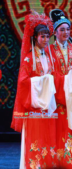 Chinese Shaoxing Opera Bride The Wrong Red Silk Costumes Yue Opera Wedding Garment Young Beauty Apparels and Headdress