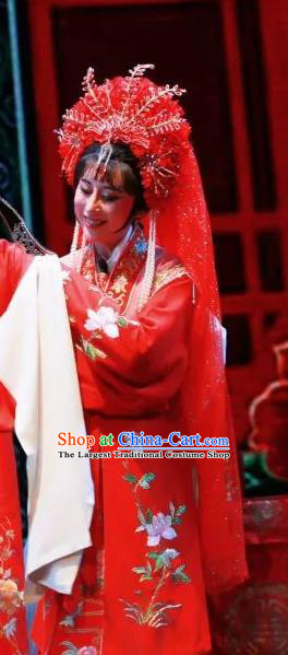 Chinese Shaoxing Opera Bride The Wrong Red Silk Costumes Yue Opera Wedding Garment Young Beauty Apparels and Headdress