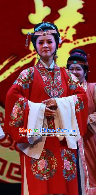 Chinese Shaoxing Opera Old Woman The Wrong Red Silk Costumes Yue Opera Dame Garment Elderly Female Red Apparels and Headpieces