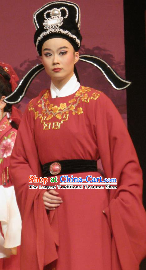 Chinese Yue Opera Young Man Costumes The Wrong Red Silk Shaoxing Opera Xiao Sheng Scholar Zhang Qiuren Apparels Garment and Hat