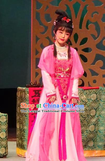 Chinese Shaoxing Opera Slave Girl The Wrong Red Silk Costumes Yue Opera Garment Young Lady Rosy Apparels Dress and Headpieces