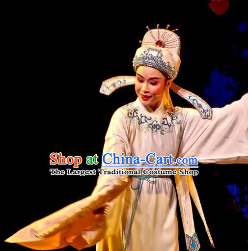 Chinese Yue Opera Gifted Youth Tang Bohu Costumes Flirting Garment Shaoxing Opera Scholar Apparels Xiaosheng Artist White Robe and Headwear