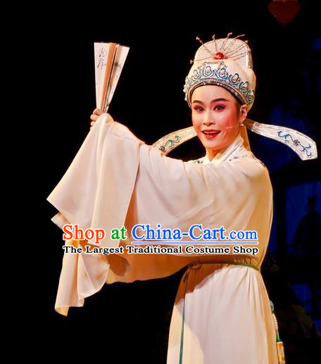 Chinese Yue Opera Gifted Youth Tang Bohu Costumes Flirting Garment Shaoxing Opera Scholar Apparels Xiaosheng Artist White Robe and Headwear