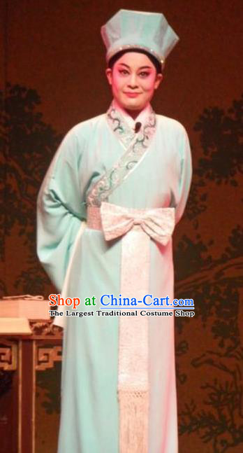 Chinese Yue Opera Costumes Flirting Scholar Garment Shaoxing Opera Gifted Youth Tang Bohu Apparels Xiaosheng Green Robe and Headpiece