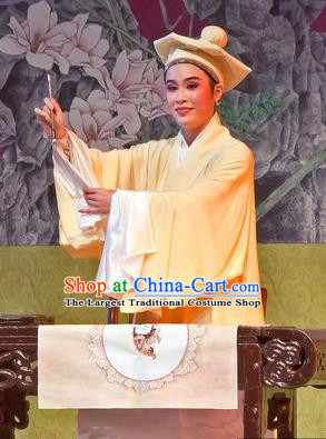 Chinese Yue Opera Genius Scholar Costumes Flirting Scholar Tang Bohu Garment Shaoxing Opera Xiaosheng Yellow Robe Apparels and Headwear