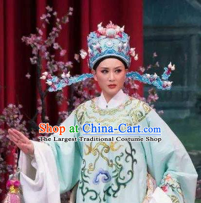 Chinese Yue Opera Young Male Meng Lijun Costumes Garment Shaoxing Opera Xiaosheng Scholar Green Python Embroidered Robe Apparels and Headpiece
