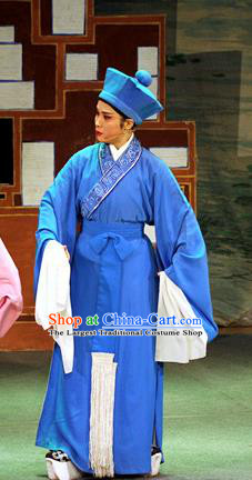 Chinese Yue Opera Servant Costumes Flirting Scholar Garment Shaoxing Opera Young Male Role Xiaosheng Hua An Apparels Blue Robe and Hat