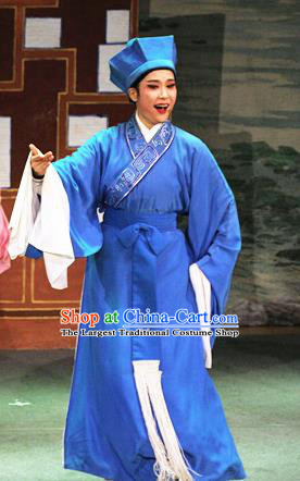 Chinese Yue Opera Servant Costumes Flirting Scholar Garment Shaoxing Opera Young Male Role Xiaosheng Hua An Apparels Blue Robe and Hat