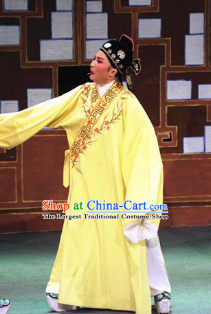 Chinese Yue Opera Scholar Zhu Zhishan Costumes Flirting Garment Shaoxing Opera Young Male Role Apparels Yellow Robe and Hat