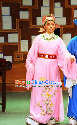 Chinese Yue Opera Calligrapher Costumes Flirting Garment Shaoxing Opera Young Male Role Apparels Scholar Wen Zhengming Pink Robe and Hat