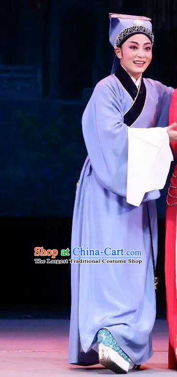 Chinese Yue Opera Poor Scholar Costumes Blue Robe and Hat Shaoxing Opera Zhui Yu Young Male Apparels Niche Xiao Sheng Garment