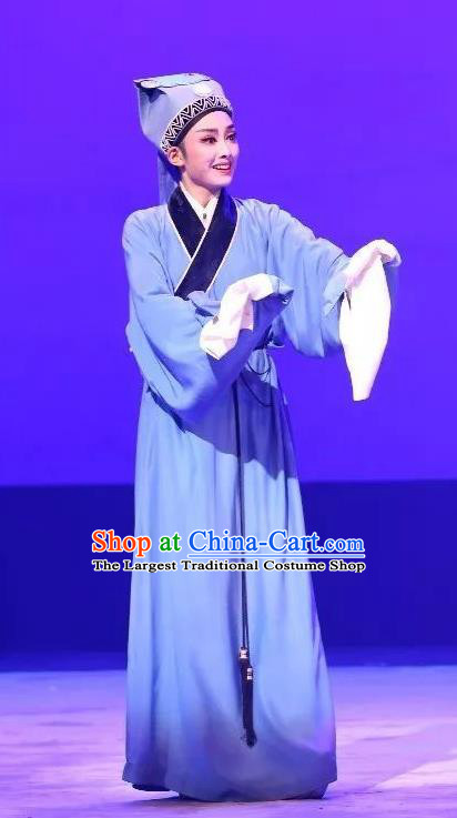 Chinese Yue Opera Poor Scholar Costumes Blue Robe and Hat Shaoxing Opera Zhui Yu Young Male Apparels Niche Xiao Sheng Garment