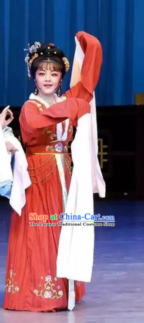 Chinese Shaoxing Opera Xiao Dan Maidservant Red Dress Garment Yue Opera Zhui Yu Costumes Actress Carp Fairy Apparels and Hair Accessories