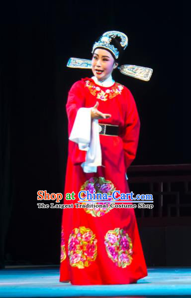 Chinese Yue Opera Xiao Sheng Lu You And Tang Wan Wedding Costumes and Hat Shaoxing Opera Scholar Apparels Young Male Brodegroom Red Embroidered Robe Garment