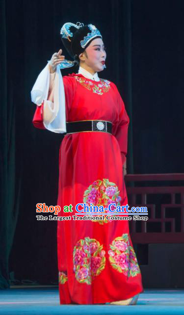 Chinese Yue Opera Xiao Sheng Lu You And Tang Wan Wedding Costumes and Hat Shaoxing Opera Scholar Apparels Young Male Brodegroom Red Embroidered Robe Garment