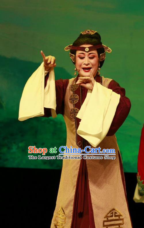 Chinese Shaoxing Opera Lao Dan Dress and Headdress Yue Opera Shuang Jiao Jie Qin Elderly Female Garment Dame Apparels Costumes