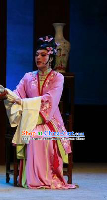 Chinese Shaoxing Opera Hua Tan Diva Pink Dress and Headpieces Yue Opera Shuang Jiao Jie Qin Costumes Actress Noble Lady Cang Qiugu Apparels Garment