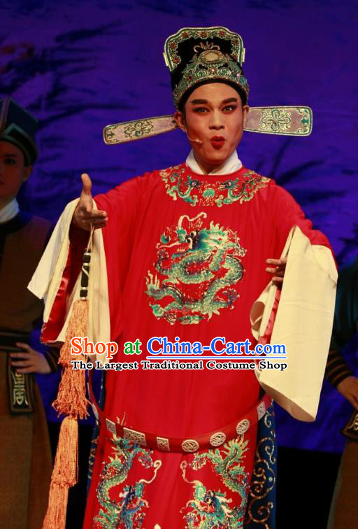 Chinese Yue Opera Number One Scholar Shuang Jiao Jie Qin Costumes and Hat Shaoxing Opera Young Male Chen Jiansheng Garment Apparels Embroidered Robe