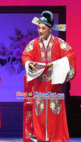 Chinese Yue Opera Young Male Tell On Sargam Costumes and Hat Shaoxing Opera Xiaosheng Garment Scholar Red Apparels Clothing