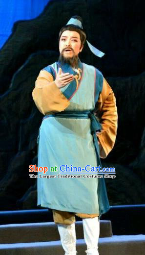 Chinese Yue Opera Feng Xue Yu Qiao Ji Fisherman Costumes and Headpiece Shaoxing Opera Elderly Civilian Male Apparels Garment