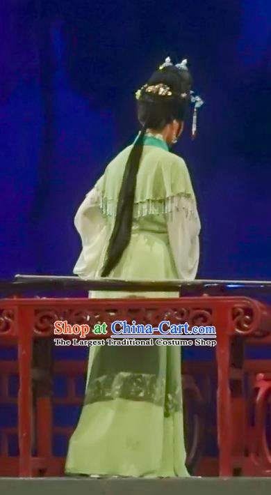 Chinese Shaoxing Opera Noble Female Garment Yue Opera Lu You And Tang Wan Costumes Apparels Young Mistress Green Dress and Hair Ornaments