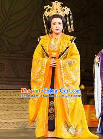 Chinese Shaoxing Opera Empress Costumes and Headdress Yue Opera Farewell Song of Da Tang Apparels Garment Queen Wu Zetian Golden Dress
