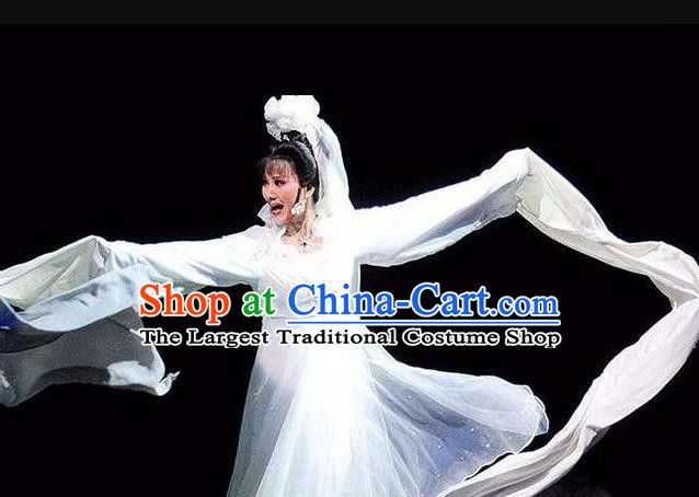 Chinese Shaoxing Opera Courtesan Costumes and Headdress Yue Opera The Ungrateful Lover Qing Tan Jiao Guiying Garment Apparels Hua Tan White Dress