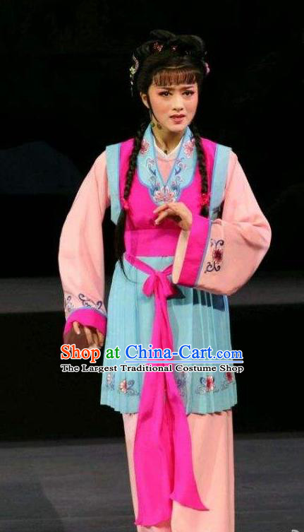 Chinese Shaoxing Opera Servant Girl Dress Apparels Yue Opera Feng Xue Yu Qiao Costumes Xiaodan Village Girl Garment and Hair Accessories