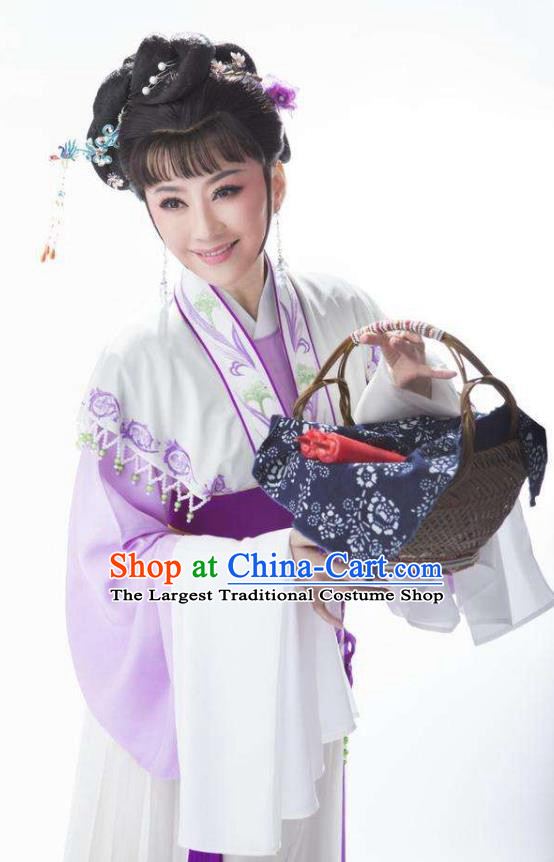 Chinese Shaoxing Opera Village Female Dress Apparels Yue Opera Feng Xue Yu Qiao Costumes Hua Tan Yu Tianxian Garment and Headpieces