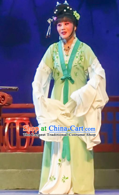 Chinese Shaoxing Opera Noble Female Garment Yue Opera Lu You And Tang Wan Costumes Apparels Young Mistress Green Dress and Hair Ornaments