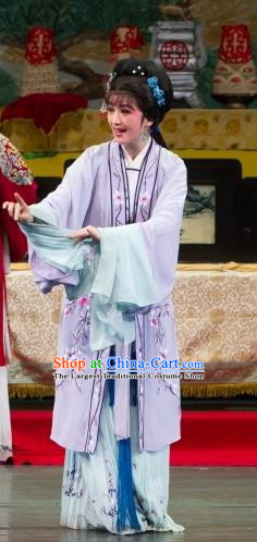 Chinese Shaoxing Opera Civilian Female Purple Dress Apparels Yue Opera Wu Nv Bai Shou Hua Dan Costumes Yang Sanchun Garment and Hair Accessories