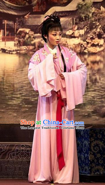 Chinese Shaoxing Opera Young Female Pink Dress Apparels Yue Opera Wu Nv Bai Shou Costumes Hua Tan Actress Garment and Hair Accessories