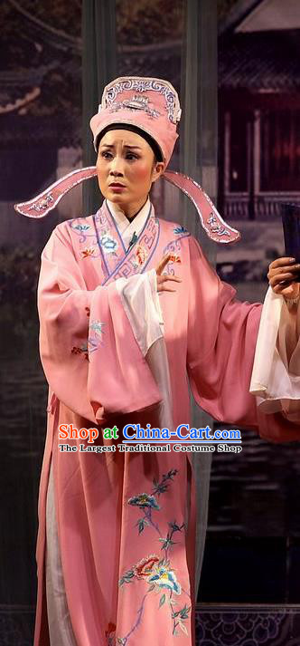 Chinese Yue Opera Xiaosheng Wu Nv Bai Shou Costumes and Headwear Shaoxing Opera Young Male Apparels Scholar Pink Embroidered Robe Garment