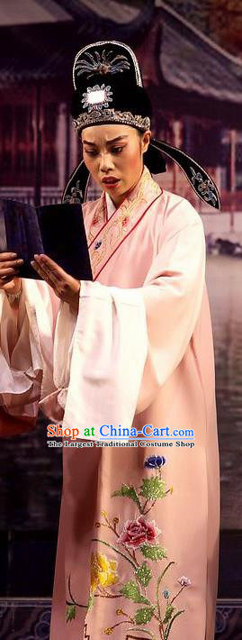 Chinese Yue Opera Young Male Wu Nv Bai Shou Costumes and Headwear Shaoxing Opera Scholar Xiaosheng Pink Embroidered Robe Apparels Garment