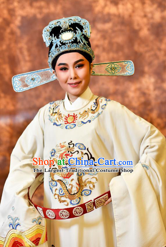 Chinese Yue Opera Niche Wu Nv Bai Shou Young Male Costumes and Hat Shaoxing Opera Apparels Zou Yinglong Embroidered Robe Vestment Garment