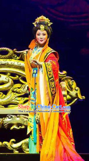 Chinese Shaoxing Opera Empress Dress Costume and Headdress Yue Opera Apparels Court Lady Han Dynasty Queen Garment