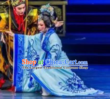 Chinese Shaoxing Opera Han Xing Wei Yang Empress Dou Apparels Costume and Headpieces Yue Opera Han Dynasty Queen Court Lady Blue Hanfu Dress Garment