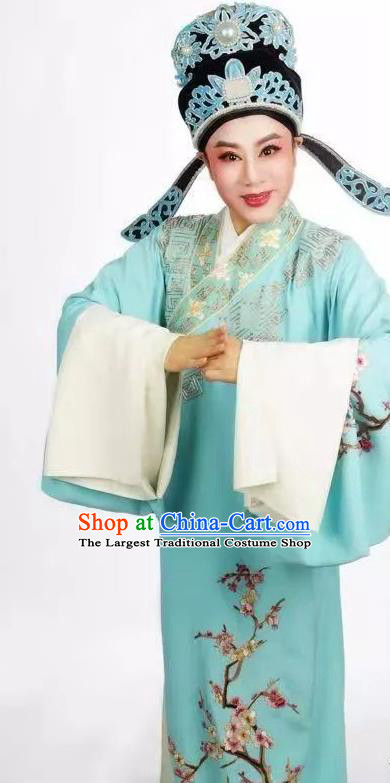 Chinese Yue Opera Scholar Zhou Wenbin Costumes and Headwear A Bride For A Ride Shaoxing Opera Garment Apparels Young Male Xiaosheng Blue Robe