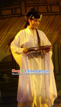 Chinese Shaoxing Opera Young Female White Dress Costumes and Headpieces Hu Die Meng Butterfly Dream Apparels Yue Opera Hua Tan Tian Xiu Garment