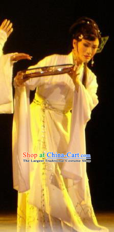 Chinese Shaoxing Opera Young Female White Dress Costumes and Headpieces Hu Die Meng Butterfly Dream Apparels Yue Opera Hua Tan Tian Xiu Garment