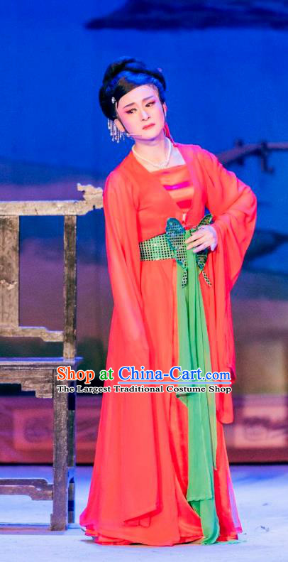 Chinese Shaoxing Opera Actress Red Dress Apparels and Hair Ornaments Hu Die Meng Butterfly Dream Yue Opera Young Lady Tian Xiu Garment Costumes