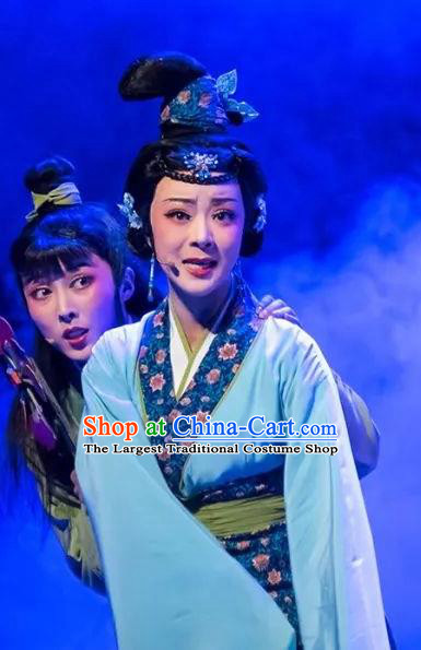 Chinese Shaoxing Opera Hua Tan Blue Costumes and Headpiece Changle Palace Yue Opera Garment Young Lady aActress Cao Huiniang Dress Apparels