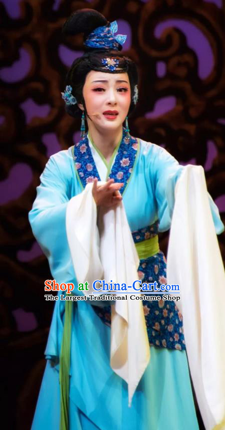 Chinese Shaoxing Opera Hua Tan Blue Costumes and Headpiece Changle Palace Yue Opera Garment Young Lady aActress Cao Huiniang Dress Apparels