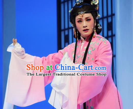 Chinese Shaoxing Opera Hua Tan Pink Costumes and Hair Jewelry Xiang Luo Ji Yue Opera Actress Garment Young Mistress Hui Niang Apparels Dress