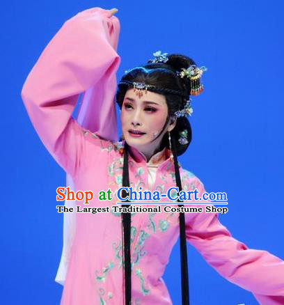 Chinese Shaoxing Opera Hua Tan Pink Costumes and Hair Jewelry Xiang Luo Ji Yue Opera Actress Garment Young Mistress Hui Niang Apparels Dress