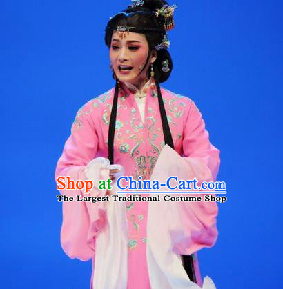 Chinese Shaoxing Opera Hua Tan Pink Costumes and Hair Jewelry Xiang Luo Ji Yue Opera Actress Garment Young Mistress Hui Niang Apparels Dress