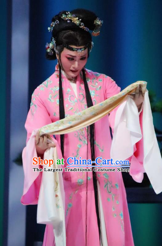 Chinese Shaoxing Opera Hua Tan Pink Costumes and Hair Jewelry Xiang Luo Ji Yue Opera Actress Garment Young Mistress Hui Niang Apparels Dress