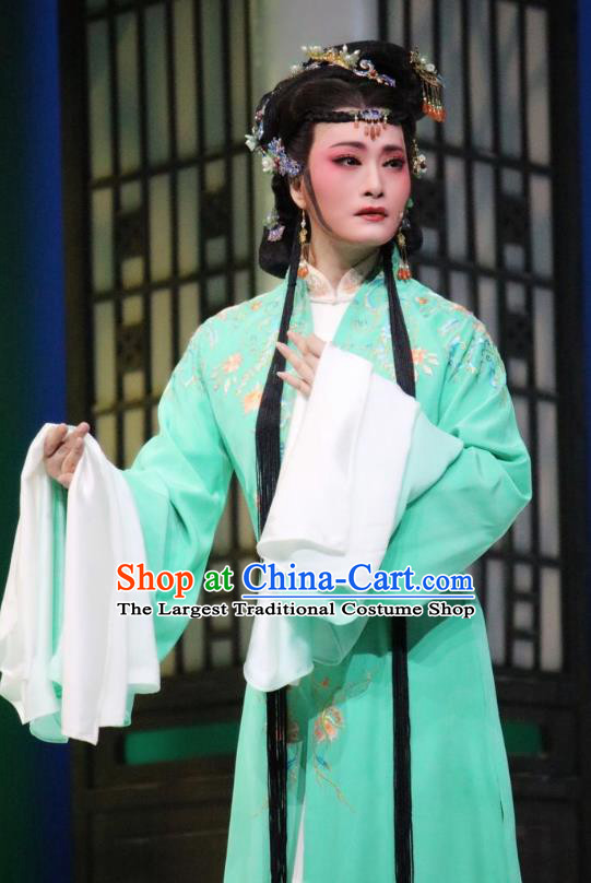 Chinese Shaoxing Opera Huadan Young Female Hui Niang Costumes and Hair Accessories Xiang Luo Ji Yue Opera Actress Garment Apparels Green Dress