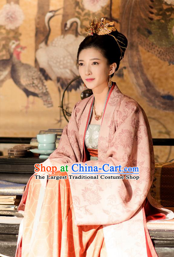 Chinese Ancient Imperial Empress Historical Costumes and Headpieces Drama Serenade of Peaceful Joy Song Dynasty Court Queen Cao Danshu Dress Garment